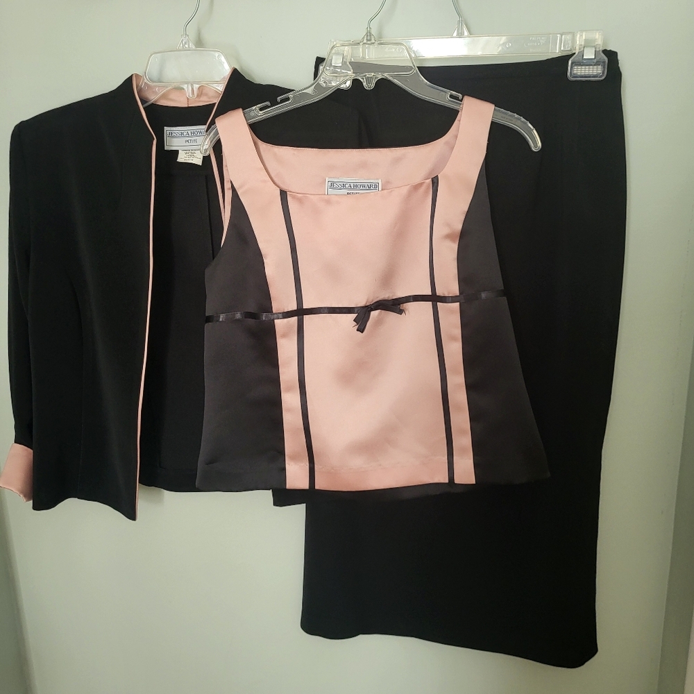 Jessica Howard 12P 12 Petite Vintage Y2K 3‎ Pc Long Skirt Suit Pink Black Dressy